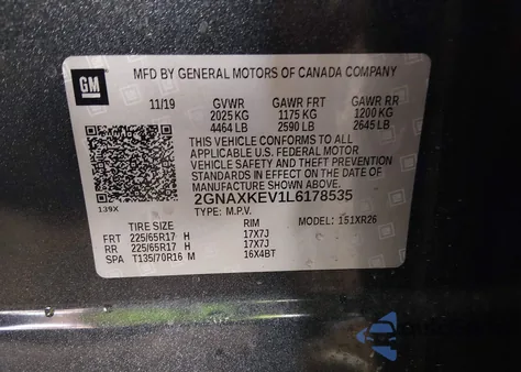 2020 Chevrolet Equinox Fwd Lt 1.5L Turbo z USA, uszkodzony, nr VIN 2GNAXKEV1L6178535